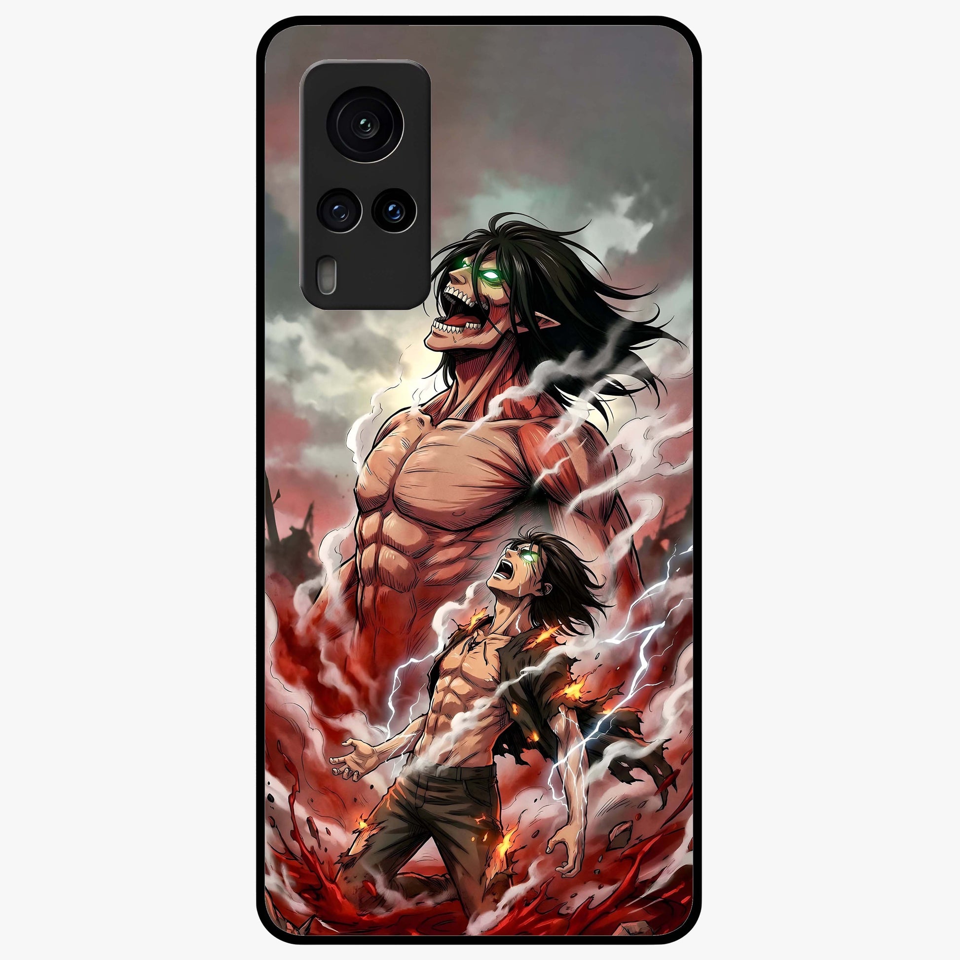 Titan Awakening Fury Glass Case showing flat back view with powerful titan inspired artwork and glossy glass finish.