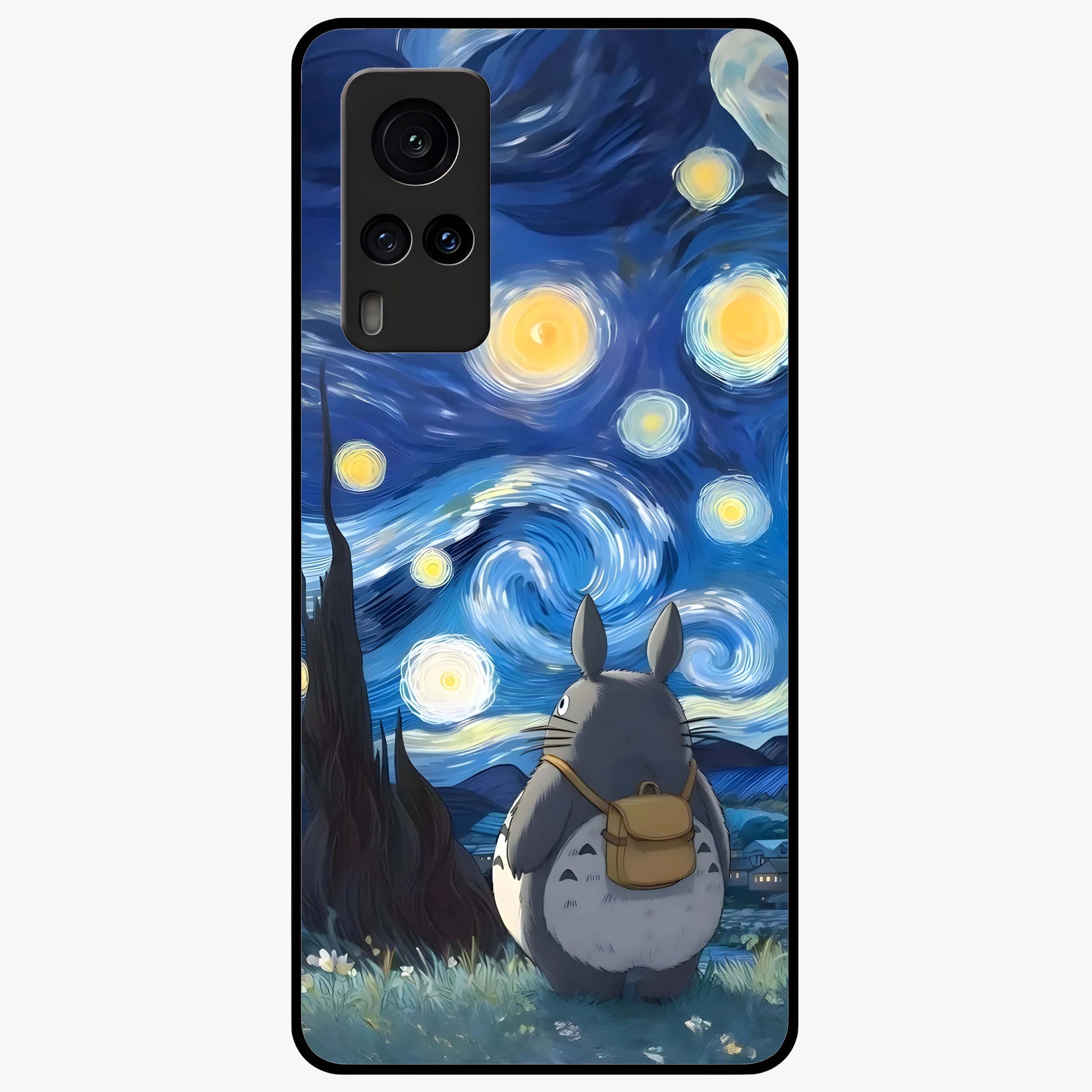 Totoro In Van Gogh Art Glass Case showing flat back view with whimsical character artwork inspired by Van Gogh style and glossy glass finish.