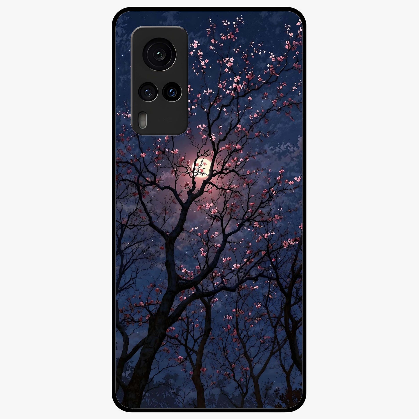 Twilight Sakura Serenade Glass Case showing flat back view with cherry blossom artwork at twilight and glossy glass finish.
