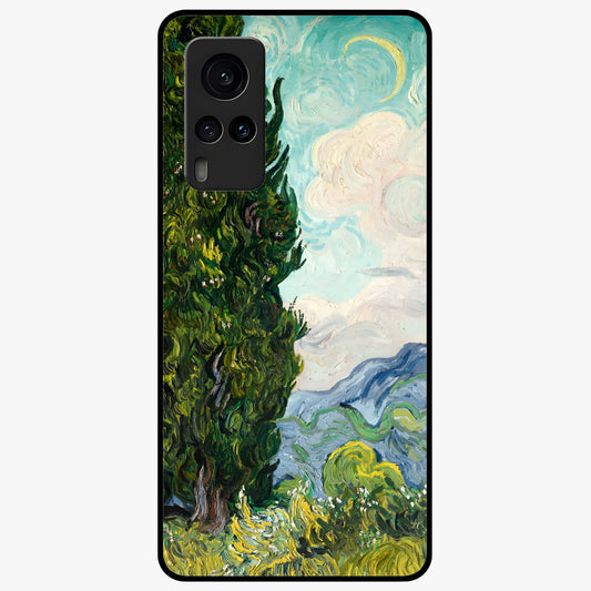 Van Gogh Vintage Art Glass Case showing flat back view with vintage painterly artwork inspired by Van Gogh style and glossy glass finish.