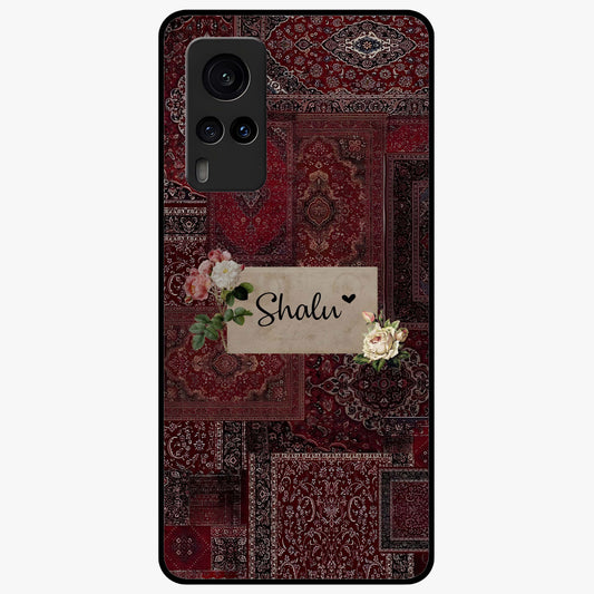 Velvet Wine Pattern Custom Name Glass Case showing flat back view with elegant wine colored pattern artwork and personalized name design.