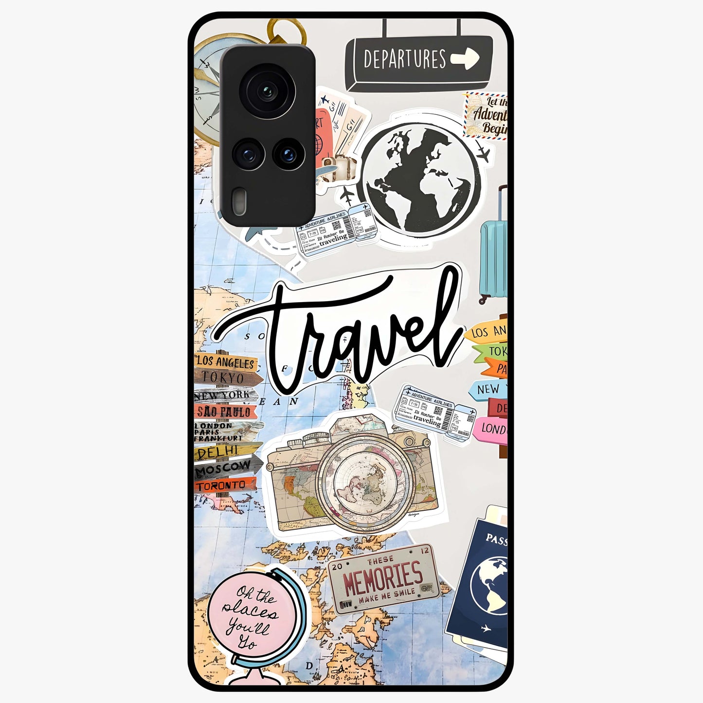 Wanderlust Journal Glass Case showing flat back view with travel inspired artwork and glossy glass finish.