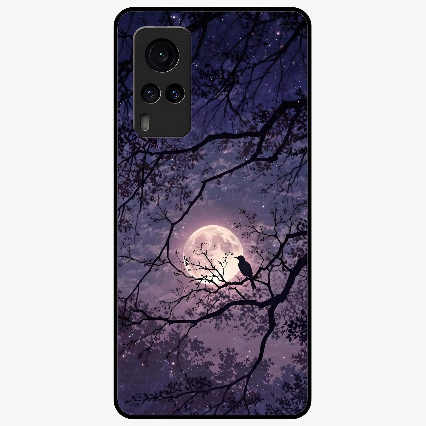 Whispering Moon Silence Glass Case showing flat back view with serene moon themed artwork and glossy glass finish.