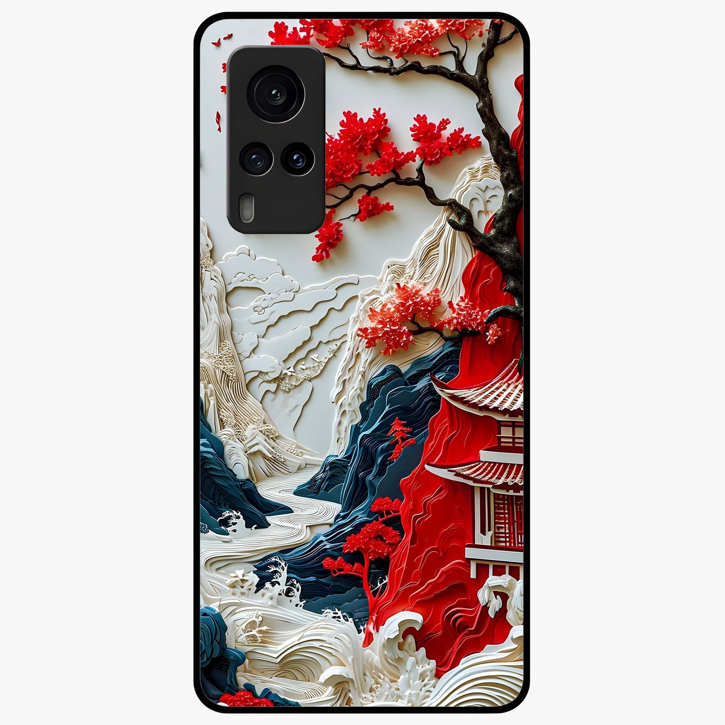 Whispers Of Sakura Waves Glass Case showing flat back view with cherry blossom wave artwork and glossy glass finish.