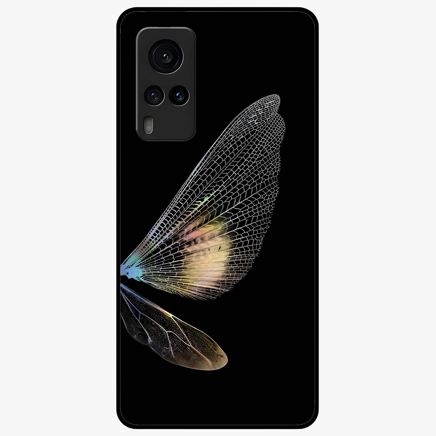 Whispers Of Wings Glass Case showing flat back view with graceful wing inspired artwork and glossy glass finish.