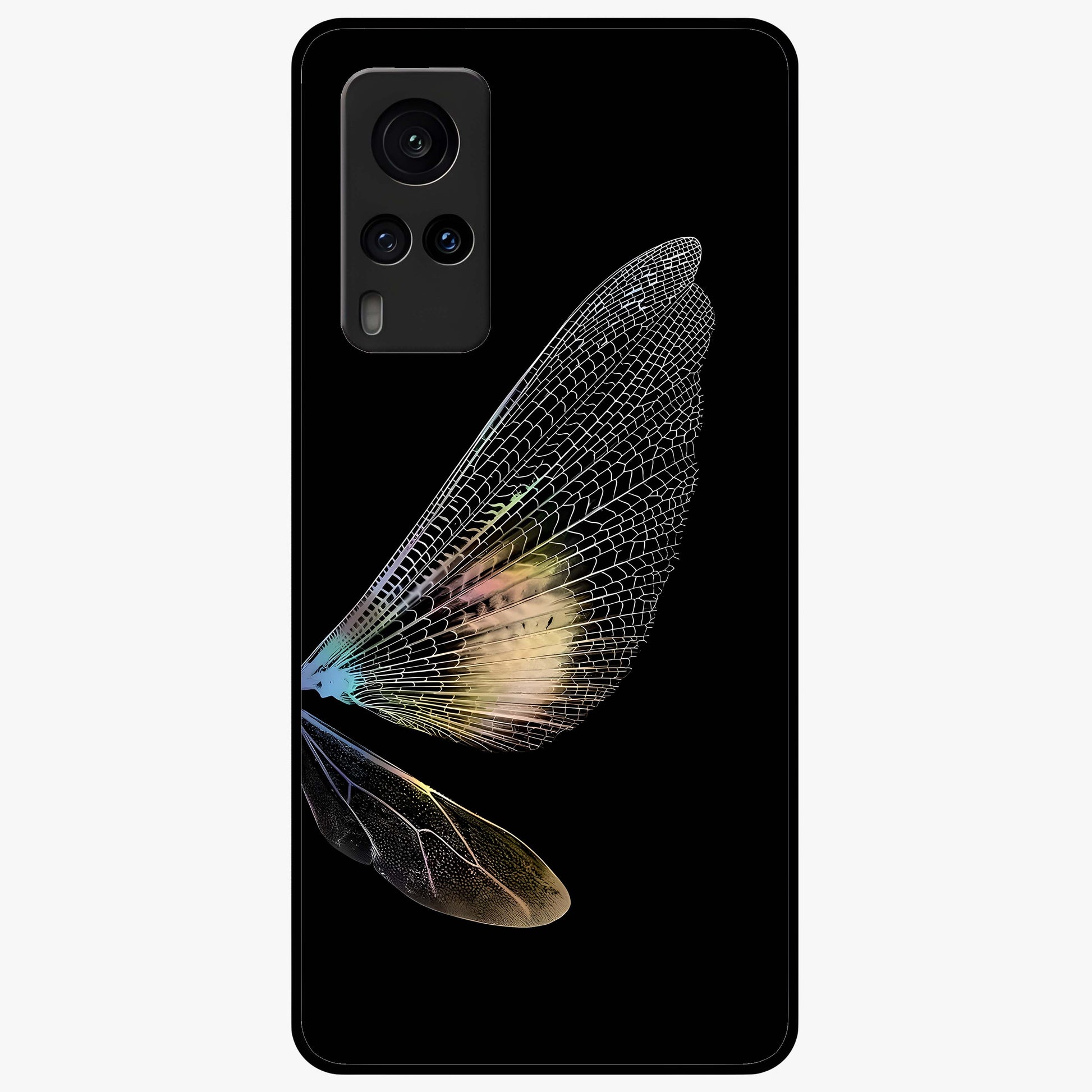 Whispers Of Wings Glass Case showing flat back view with graceful wing inspired artwork and glossy glass finish.