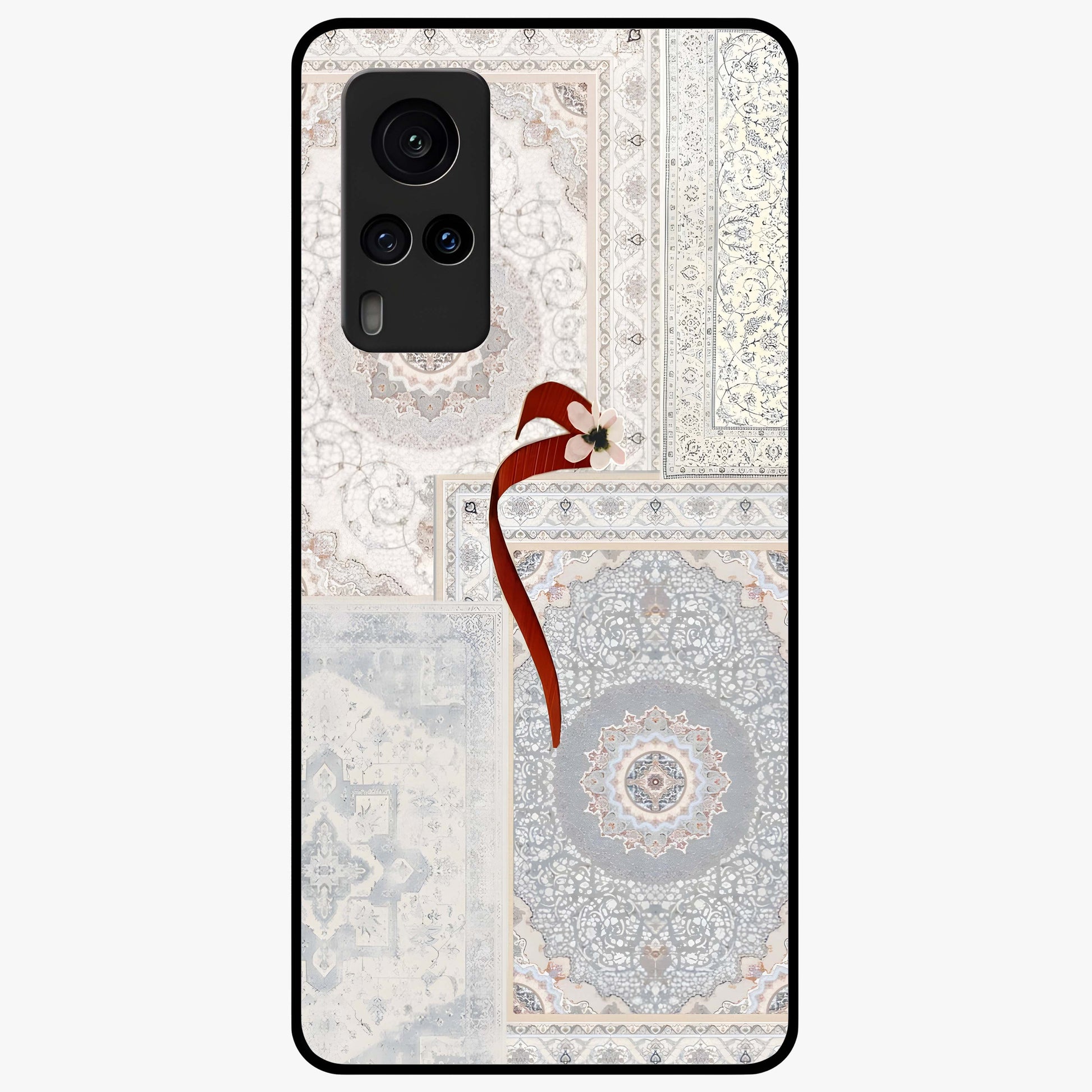 White Aesthetic Bow Glass Case showing flat back view with minimal bow artwork and glossy glass finish.