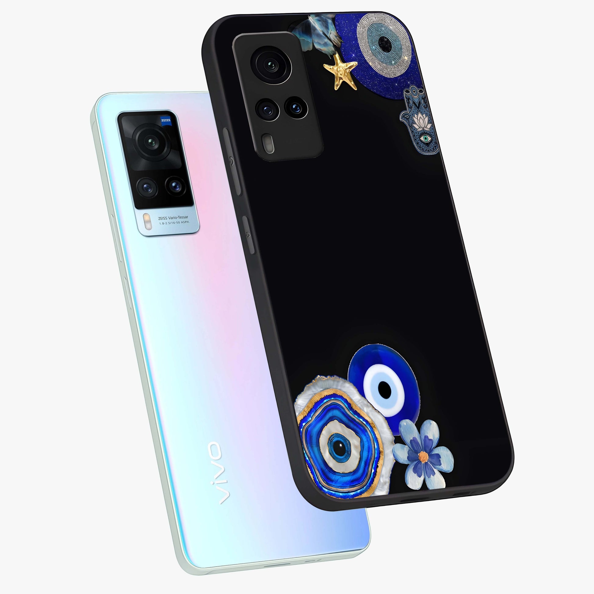 Aesthetic Blue Evil Eye Glass Case displayed in angled mockup highlighting blue evil eye symbol and spiritual aesthetic design.