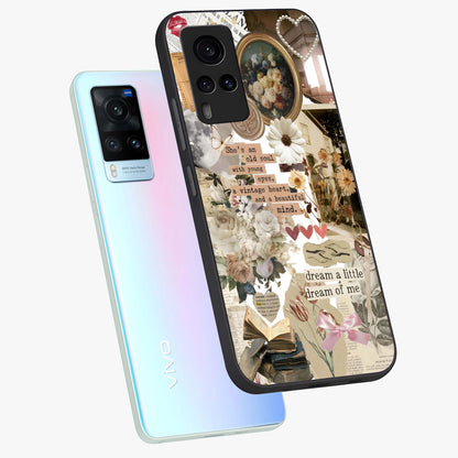 Aesthetic Brown Vintage Collage Glass Case displayed in angled mockup highlighting vintage aesthetic collage design.