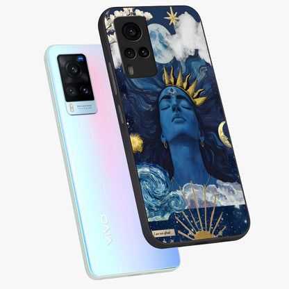 Aesthetic Lord Shiva Glass Case displayed in angled mockup highlighting spiritual Shiva illustration and sacred aesthetic design.