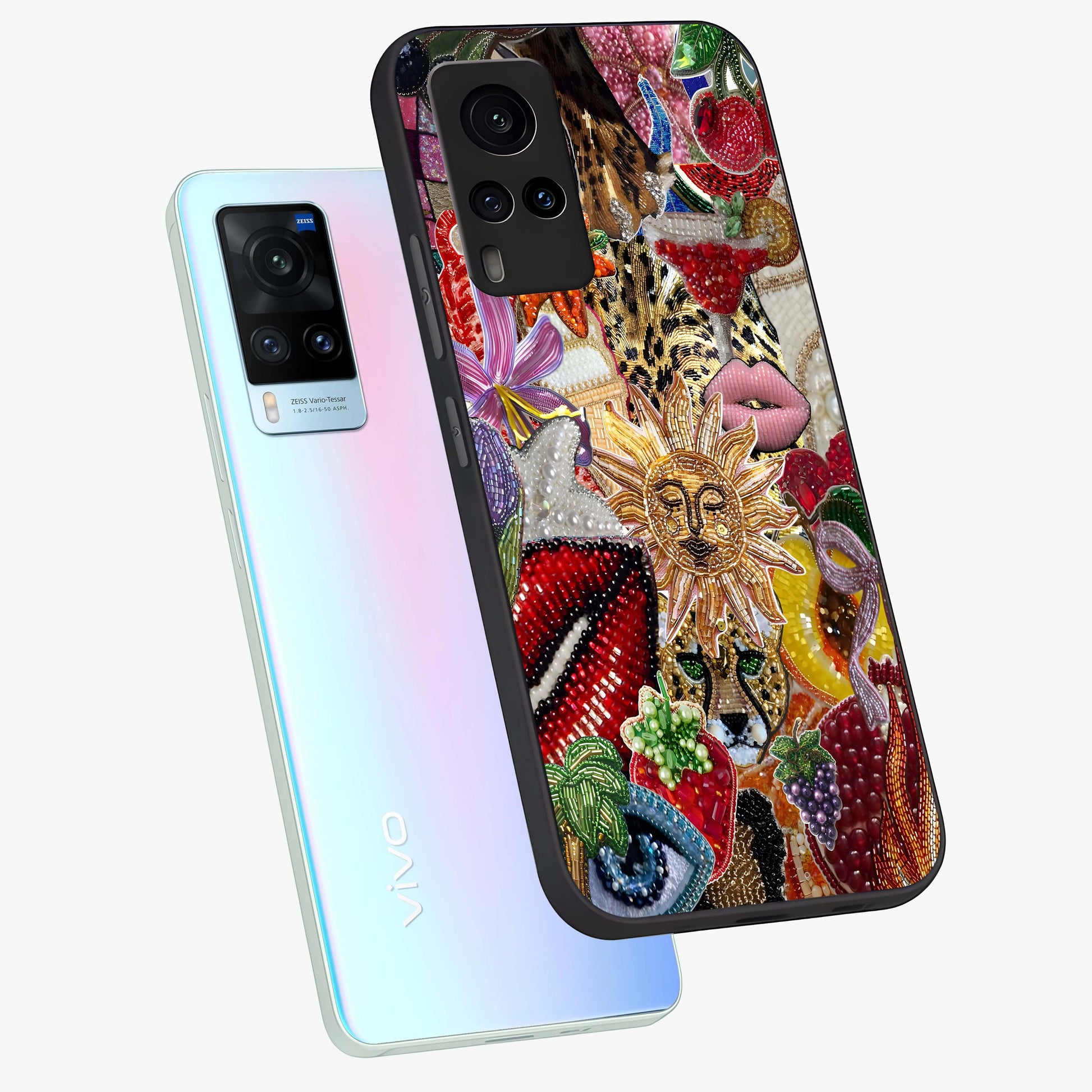 Beaded Fashion Jungle Glass Case displayed in angled mockup highlighting colorful fashion bead design and artistic pattern.