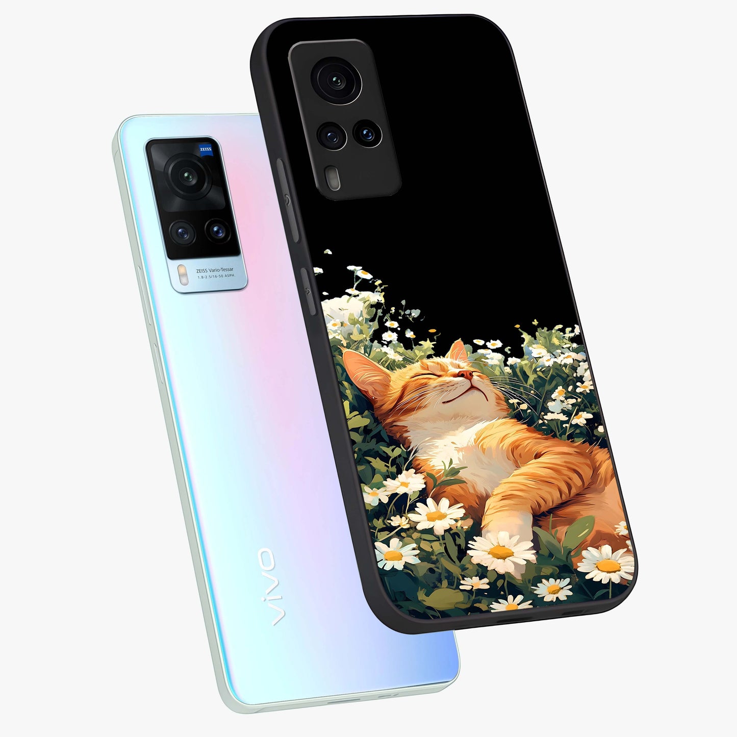 Blissful Bloom Cat Glass Case displayed in angled mockup highlighting playful feline illustration with soft floral aesthetic.