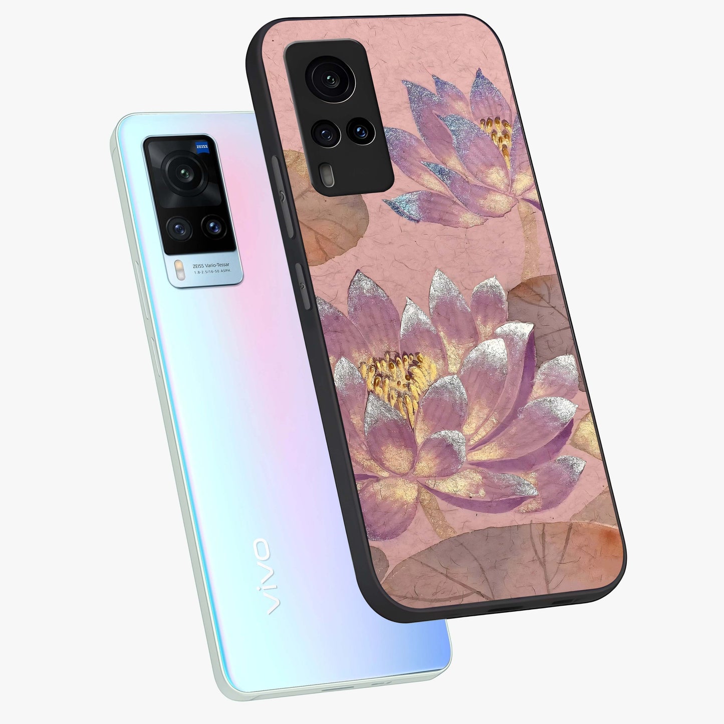 Blossom Mist Lotus Glass Case displayed in angled mockup highlighting delicate lotus illustration with calm aesthetic theme.