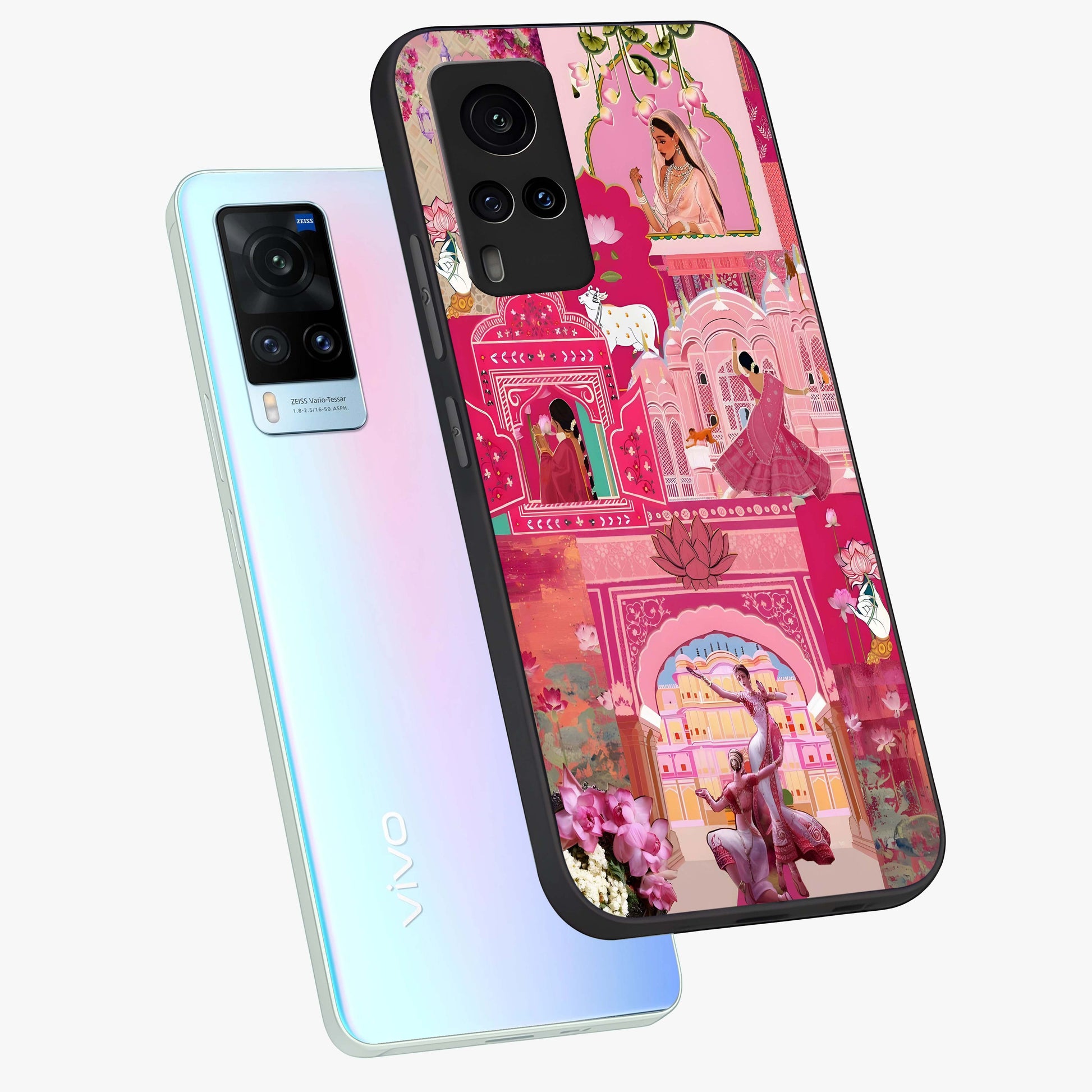Blossoms of Rajasthan Glass Case displayed in angled mockup highlighting vibrant floral pattern with cultural aesthetic style.