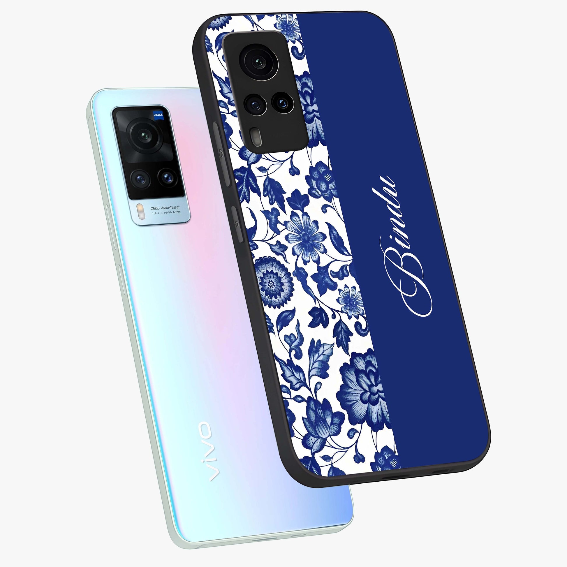 Blue Vintage Floral Pattern Glass Case displayed in angled mockup highlighting subtle bloom pattern with aesthetic pastel design.