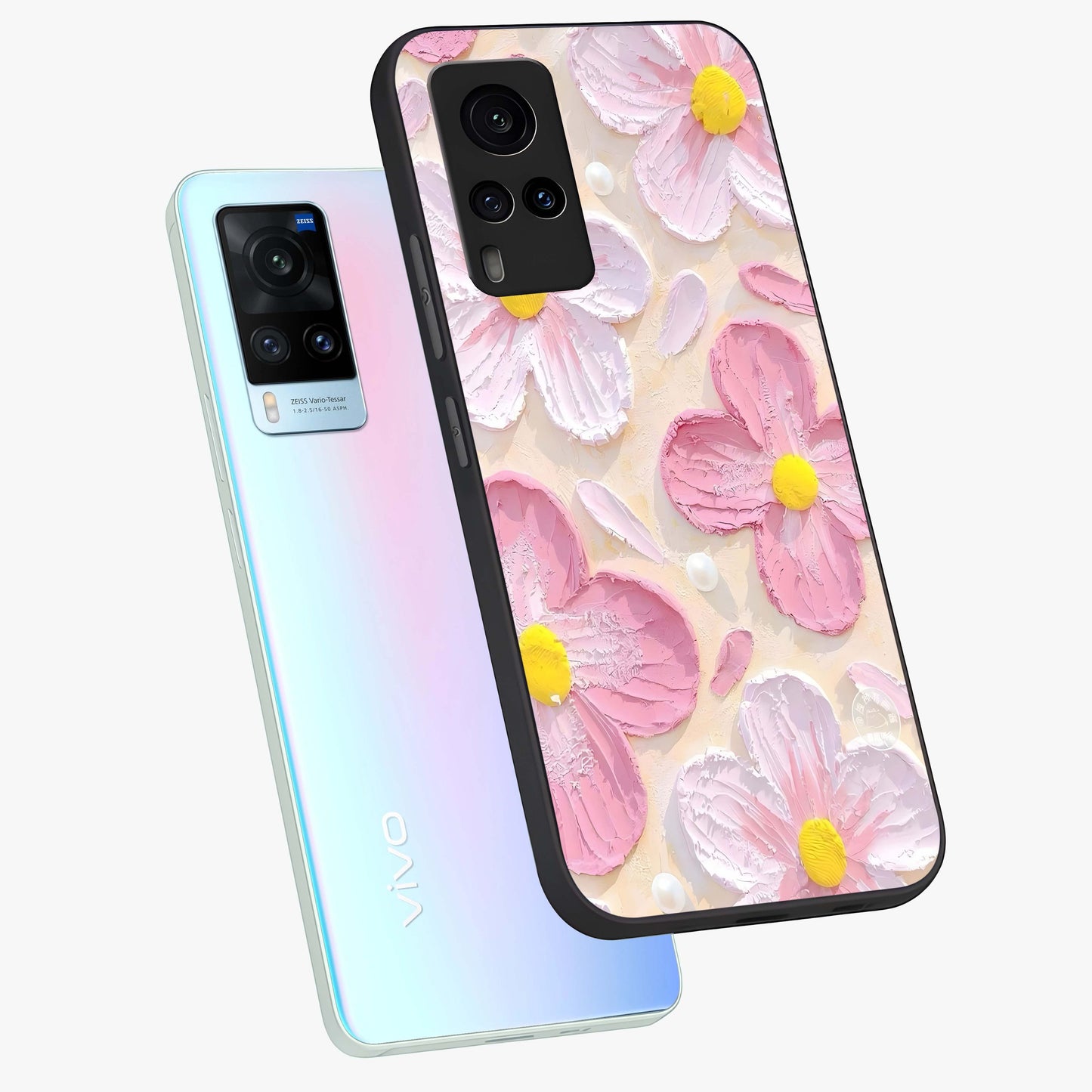 Blush Bloom Texture Glass Case displayed in angled mockup highlighting subtle bloom pattern with aesthetic pastel design.
