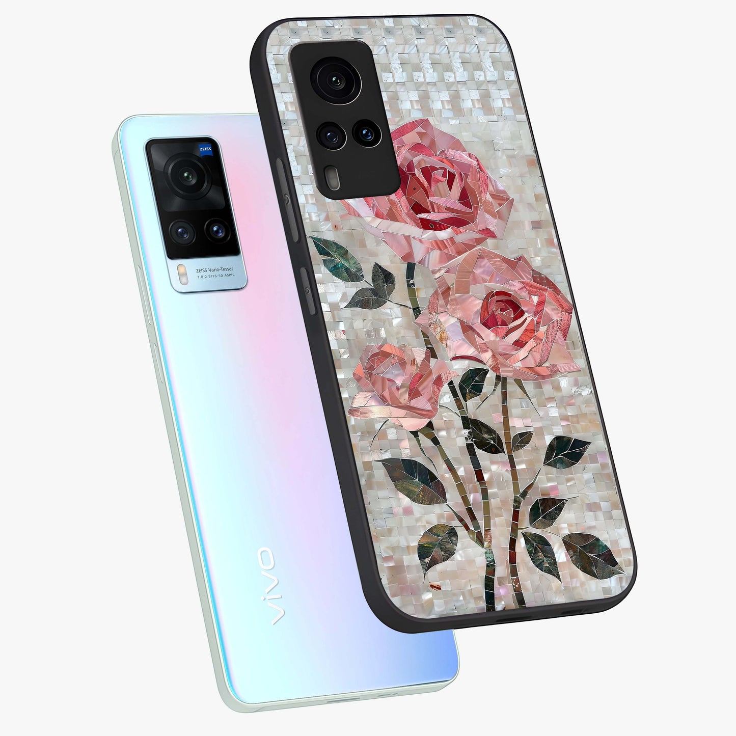 Blush Mosaic Bloom Glass Case displayed in angled mockup highlighting artistic mosaic flower pattern with aesthetic design.