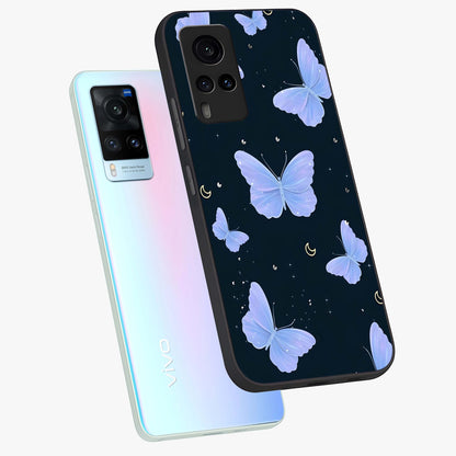 Butterfly With Stars Pattern Glass Case displayed in angled mockup highlighting dreamy butterfly and star design with aesthetic theme.