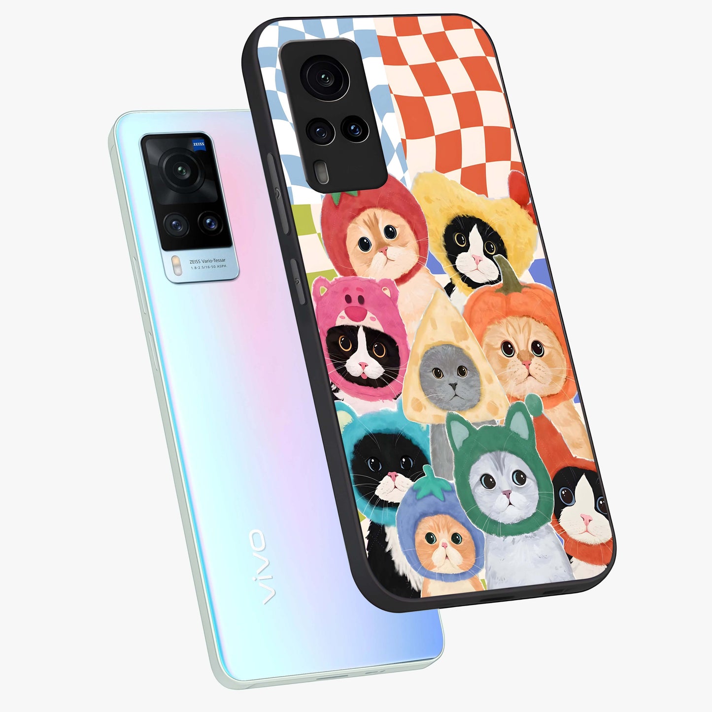 Cats in Fruits Glass Case displayed in angled mockup highlighting cute feline fruit design with colorful aesthetic style.