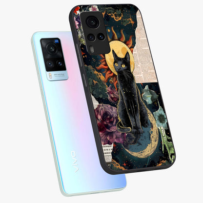 Celestial Black Cat Glass Case displayed in angled mockup highlighting cosmic black cat design with celestial aesthetic.
