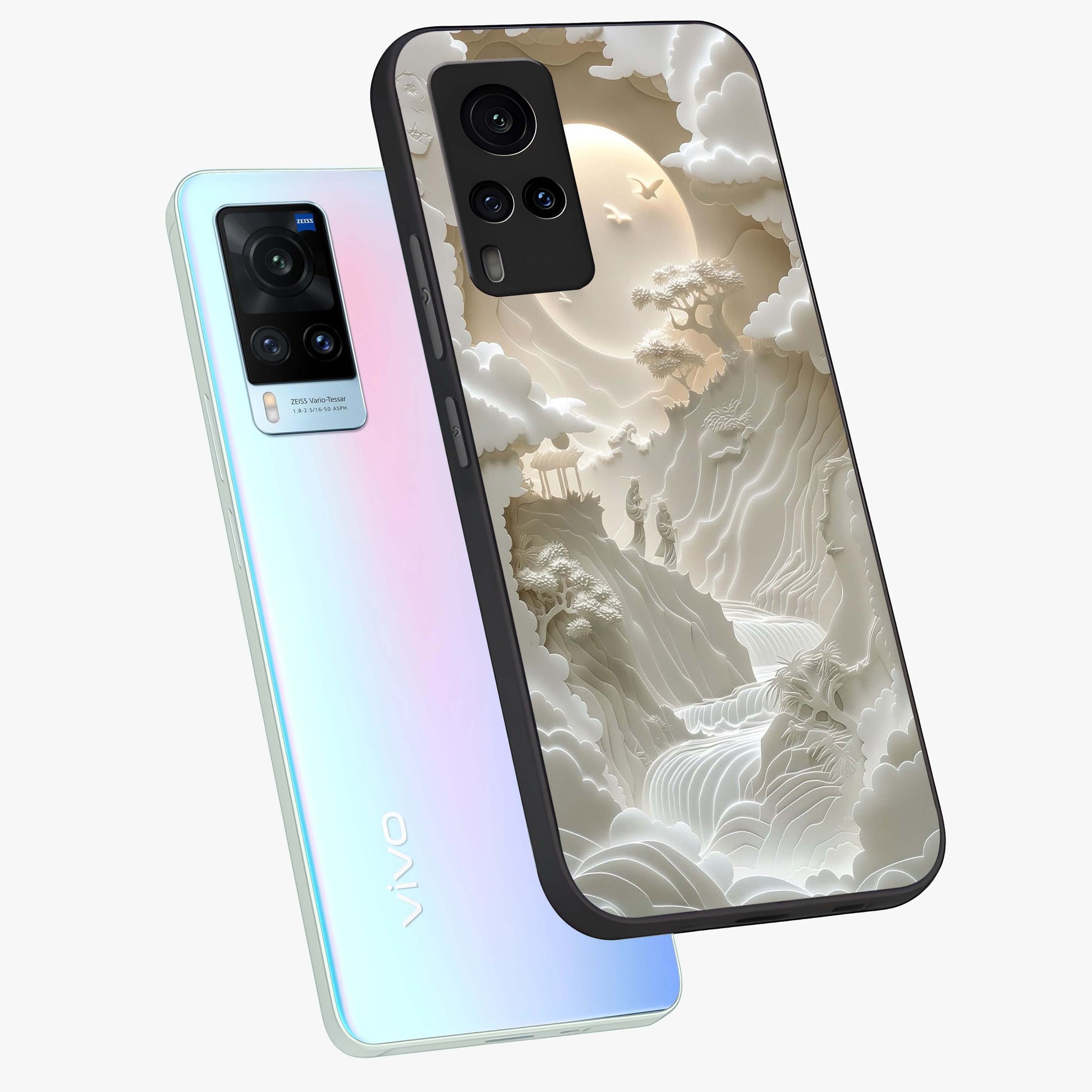Celestial Origami Glass Case displayed in angled mockup highlighting geometric origami design with cosmic aesthetic theme.