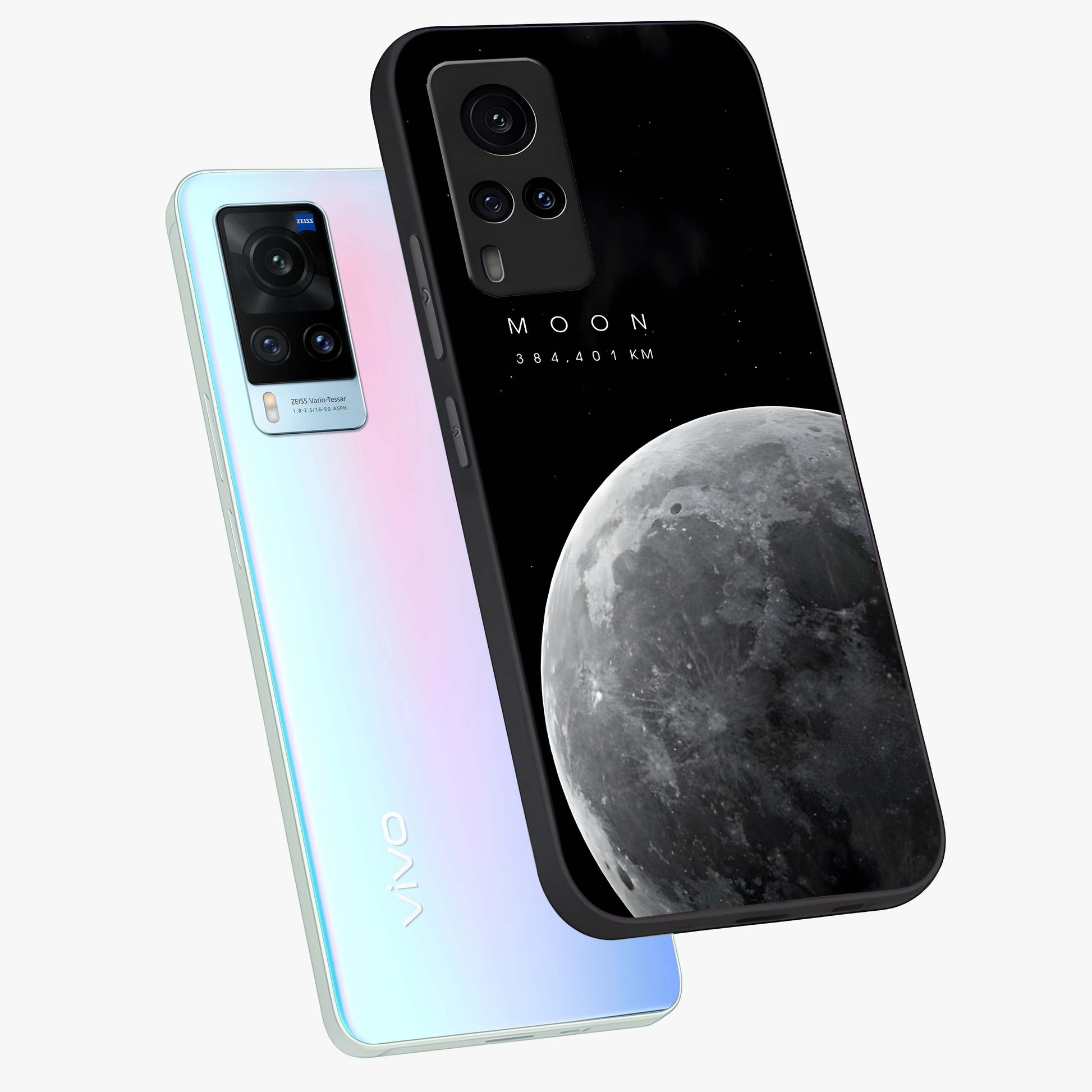 Cosmic Moon Glow Glass Case displayed in angled mockup highlighting celestial moon design with cosmic aesthetic theme.