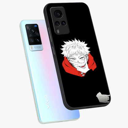 Crimson Chaos Smile Glass Case displayed in angled mockup highlighting edgy crimson smile design with graphic aesthetic.