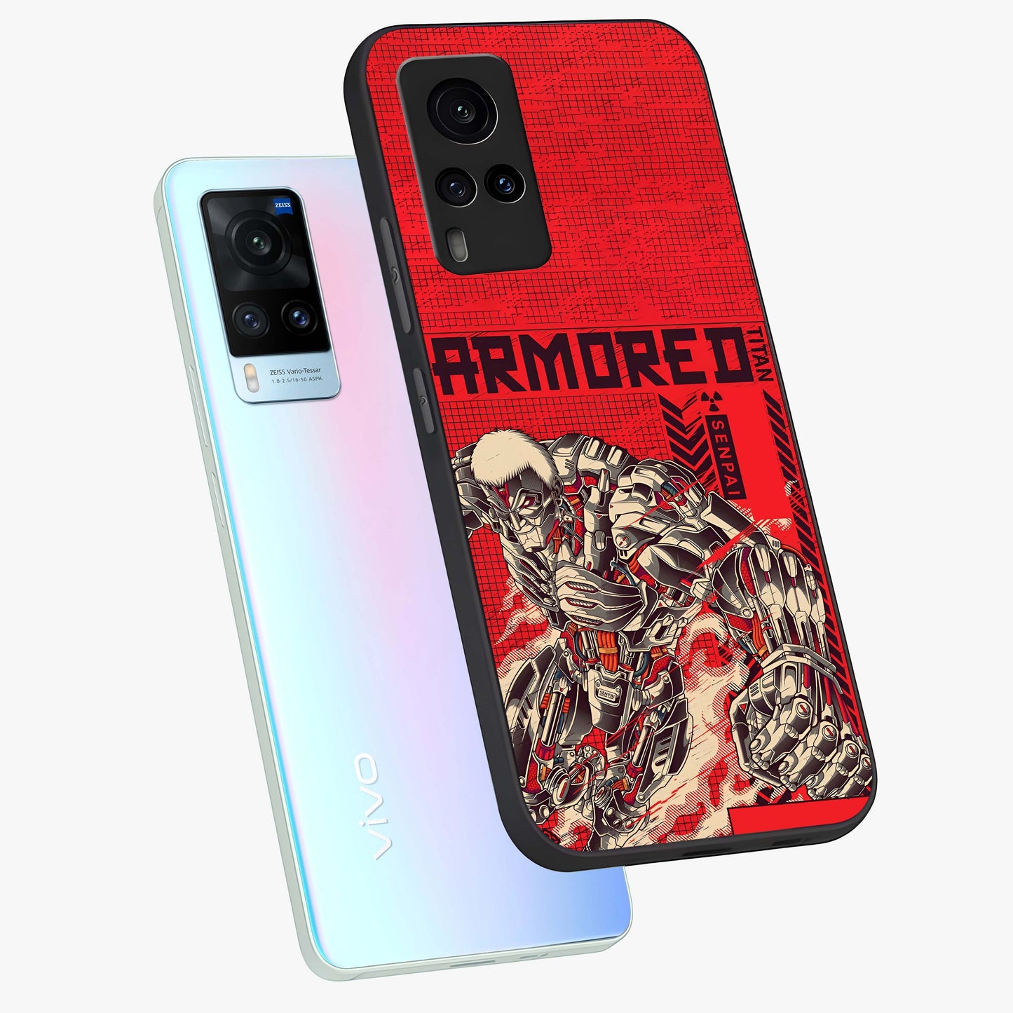 Crimson Mecha Titan Glass Case displayed in angled mockup highlighting futuristic mech illustration with bold crimson aesthetic.