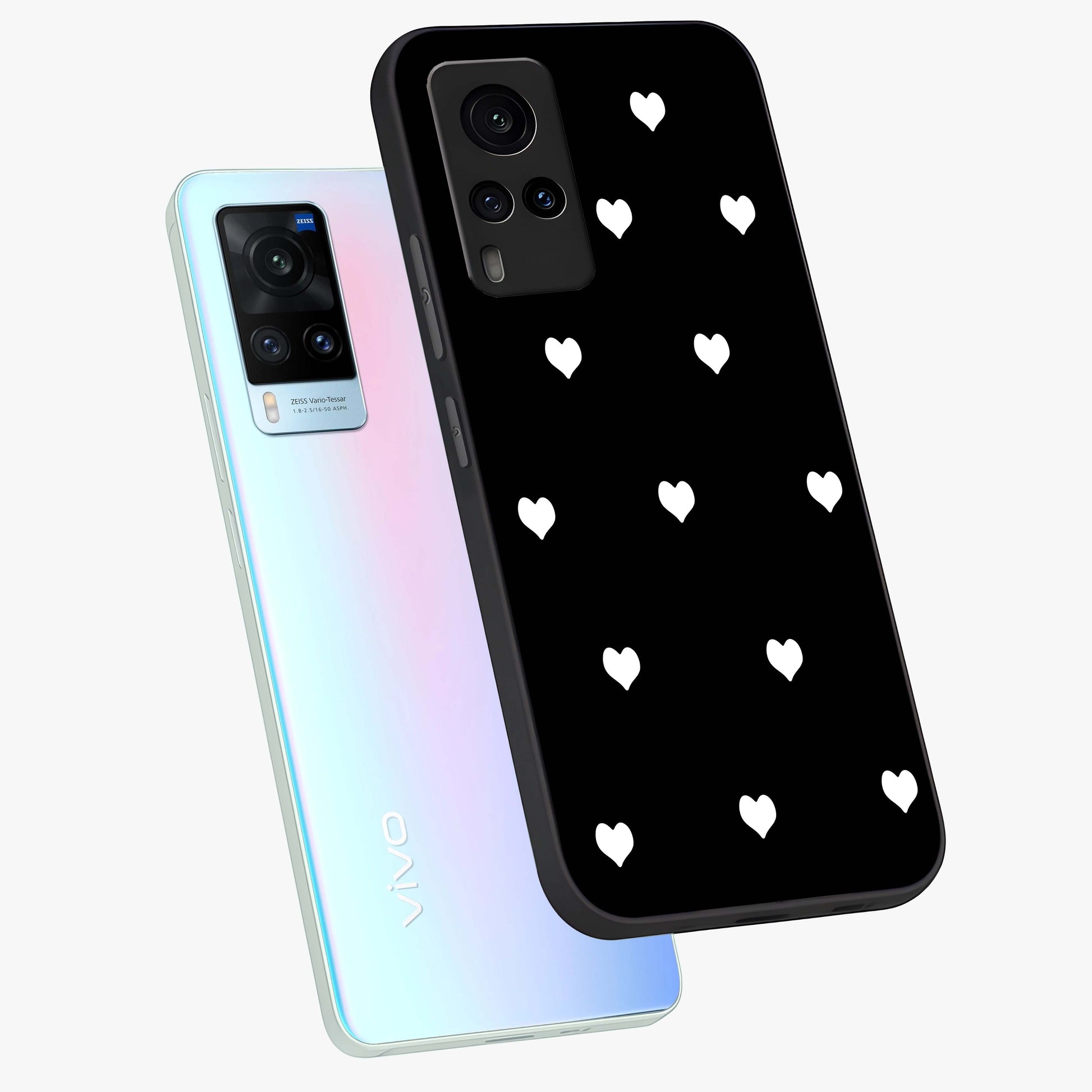 Cute And Simple White Hearts Glass Case displayed in angled mockup highlighting cute heart design with clean aesthetic style.