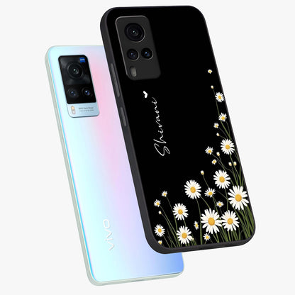 Daisy Cascade Custom Name Glass Case displayed in angled mockup highlighting delicate daisy artwork with custom name feature.