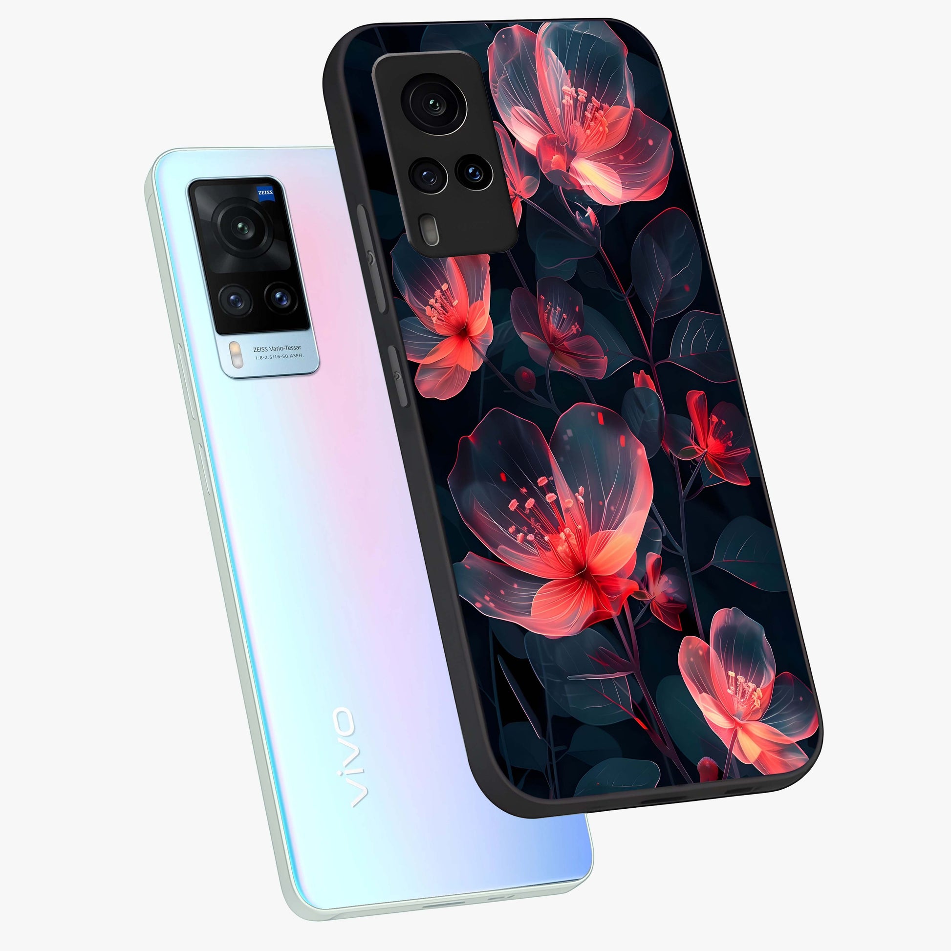 Dark Shade of Flower Glass Case displayed in angled mockup highlighting moody floral illustration with aesthetic dark tones.
