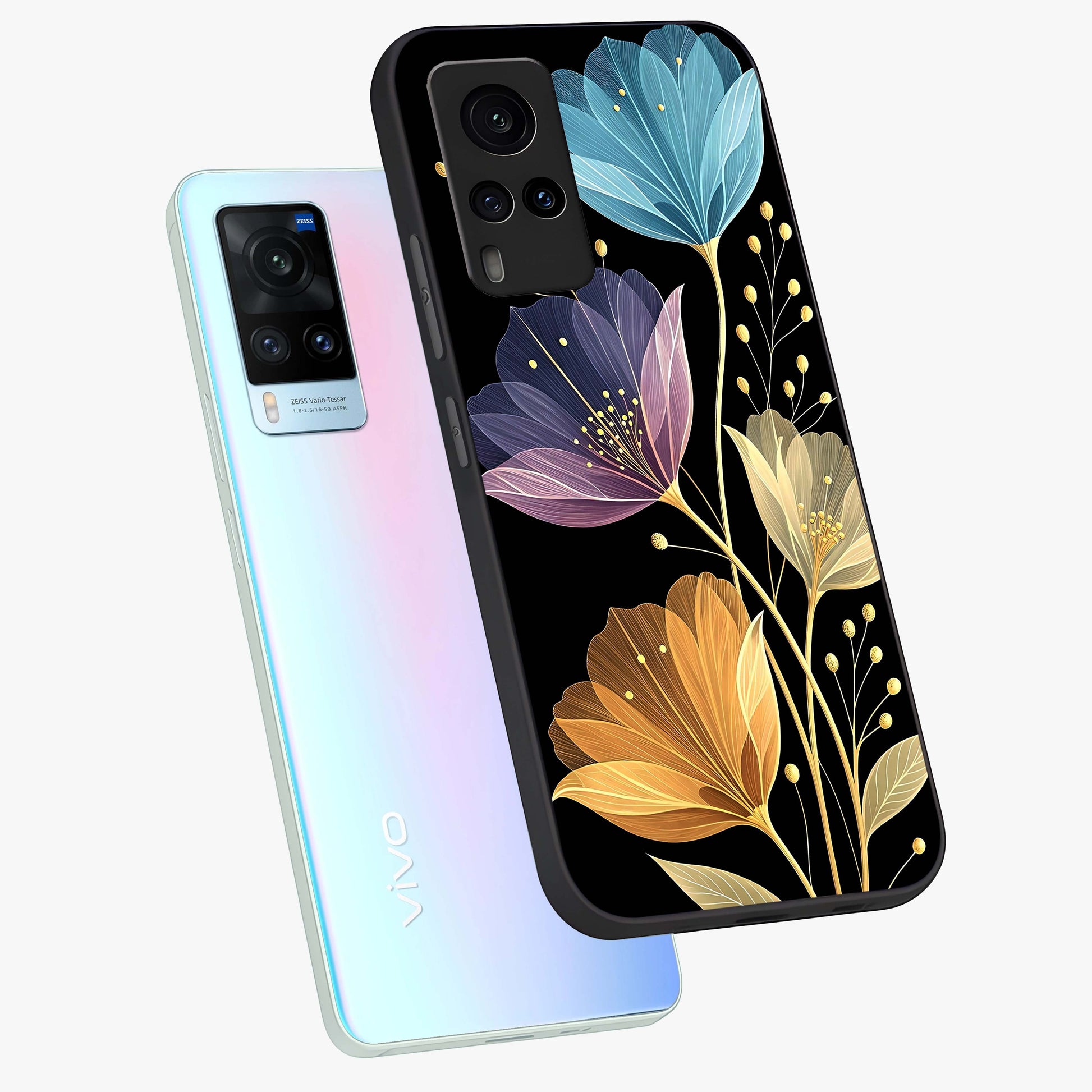 Delicate Multicolor Flowers Glass Case displayed in angled mockup highlighting colorful flower pattern with soft aesthetic style.