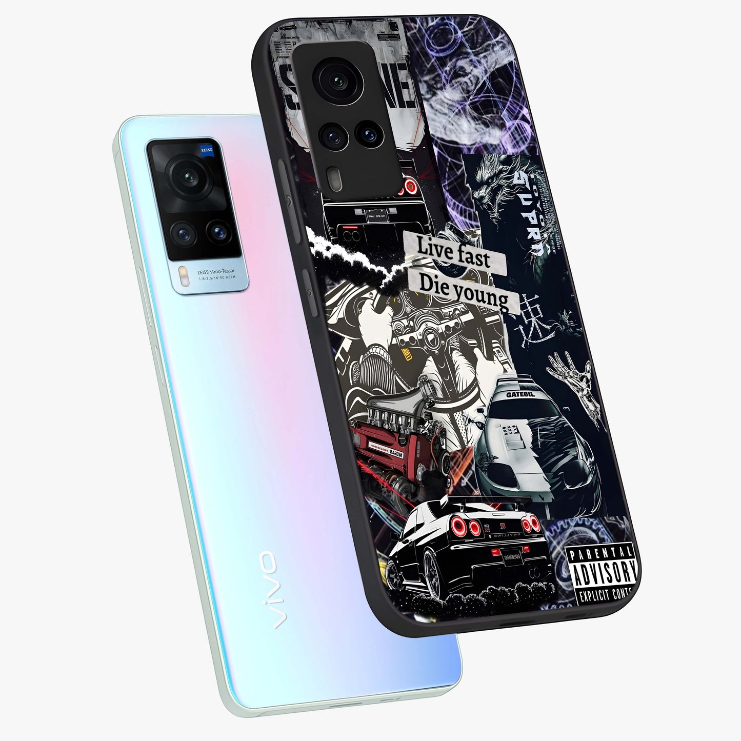 Die Young Glass Case displayed in angled mockup highlighting expressive graphic artwork with edgy aesthetic style.