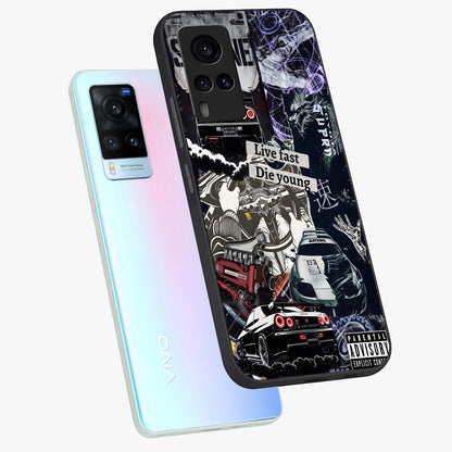 Die Young Glass Case displayed in angled mockup highlighting expressive graphic artwork with edgy aesthetic style.