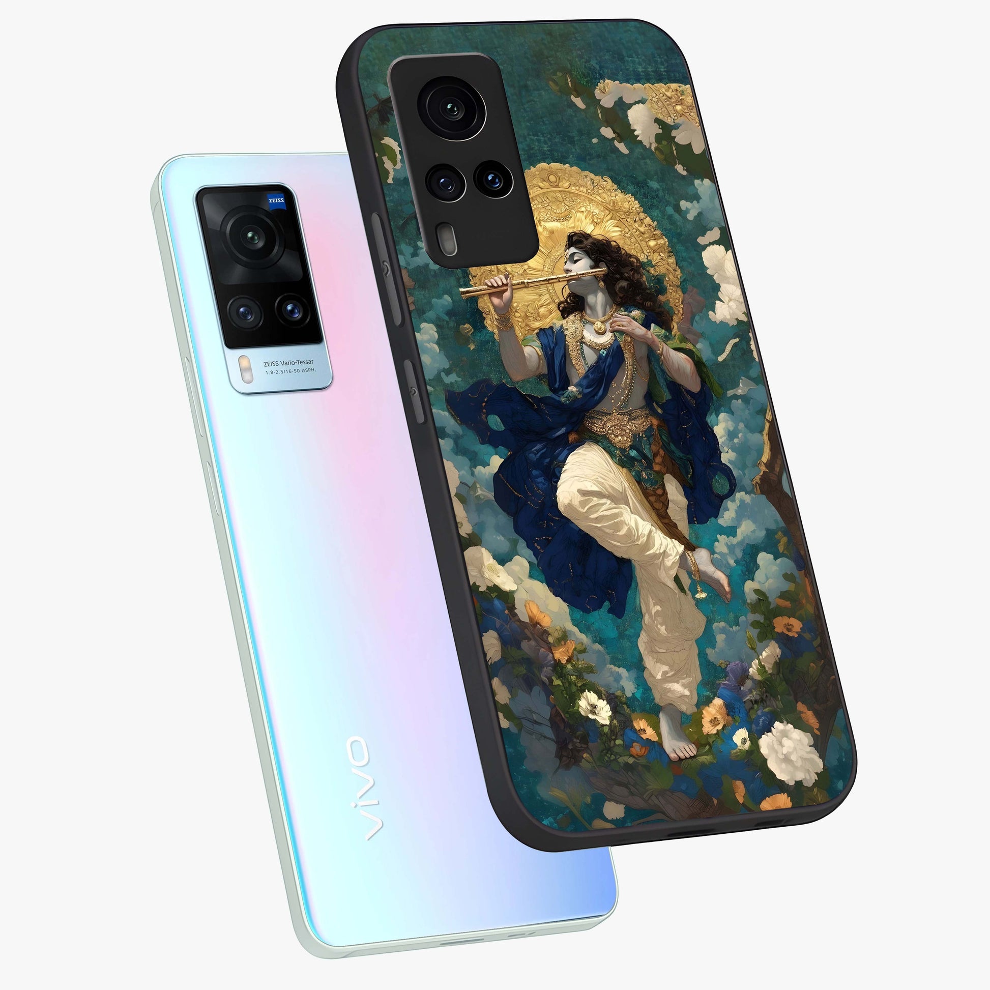 Divine Krishna Art Glass Case displayed in angled mockup highlighting spiritual Krishna illustration with devotional aesthetic.