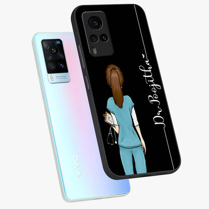 Doctor Pattern Custom Name Glass Case displayed in angled mockup highlighting doctor inspired artwork with custom name feature.