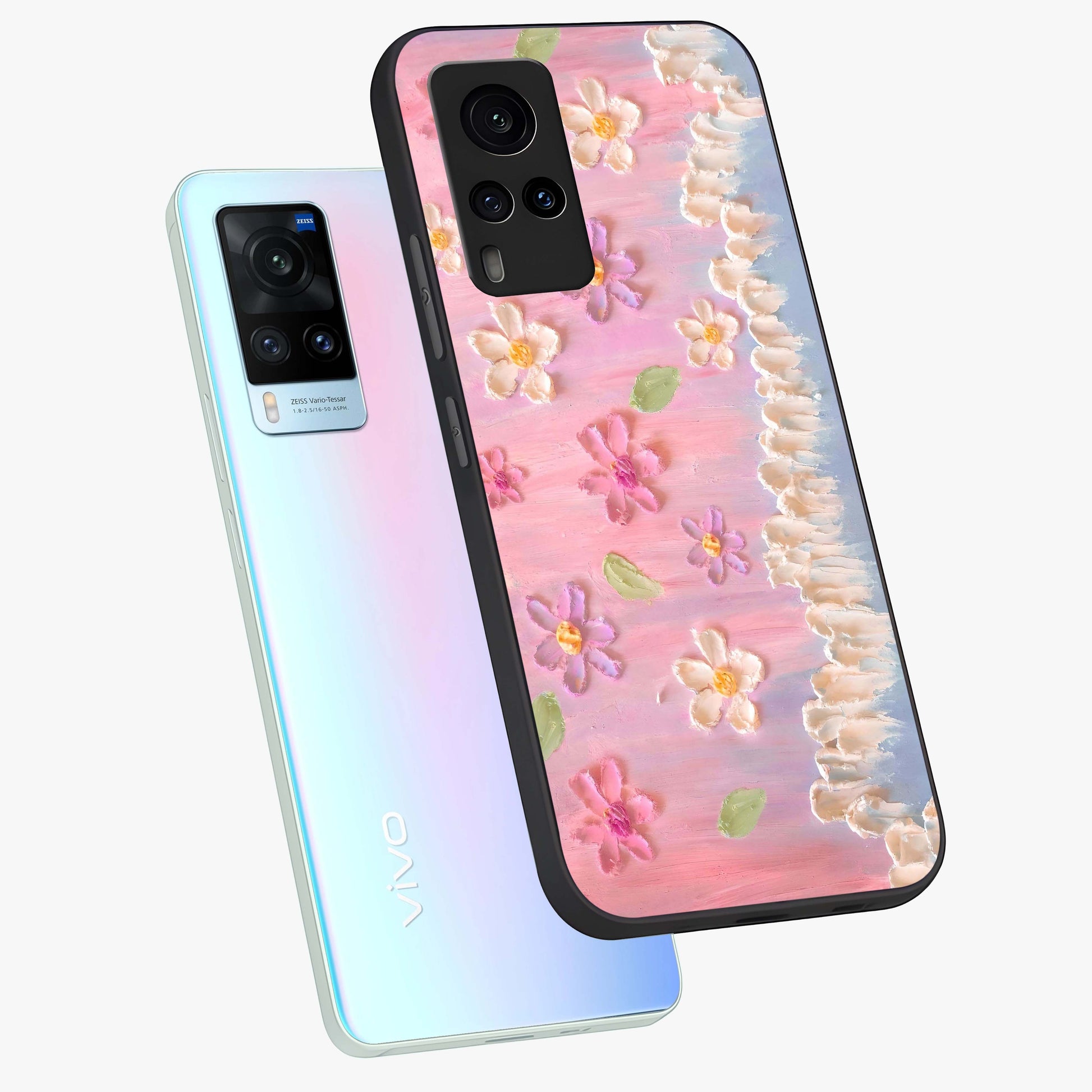 Dreamy Painted Garden Glass Case displayed in angled mockup highlighting colorful garden illustration with dreamy aesthetic style.