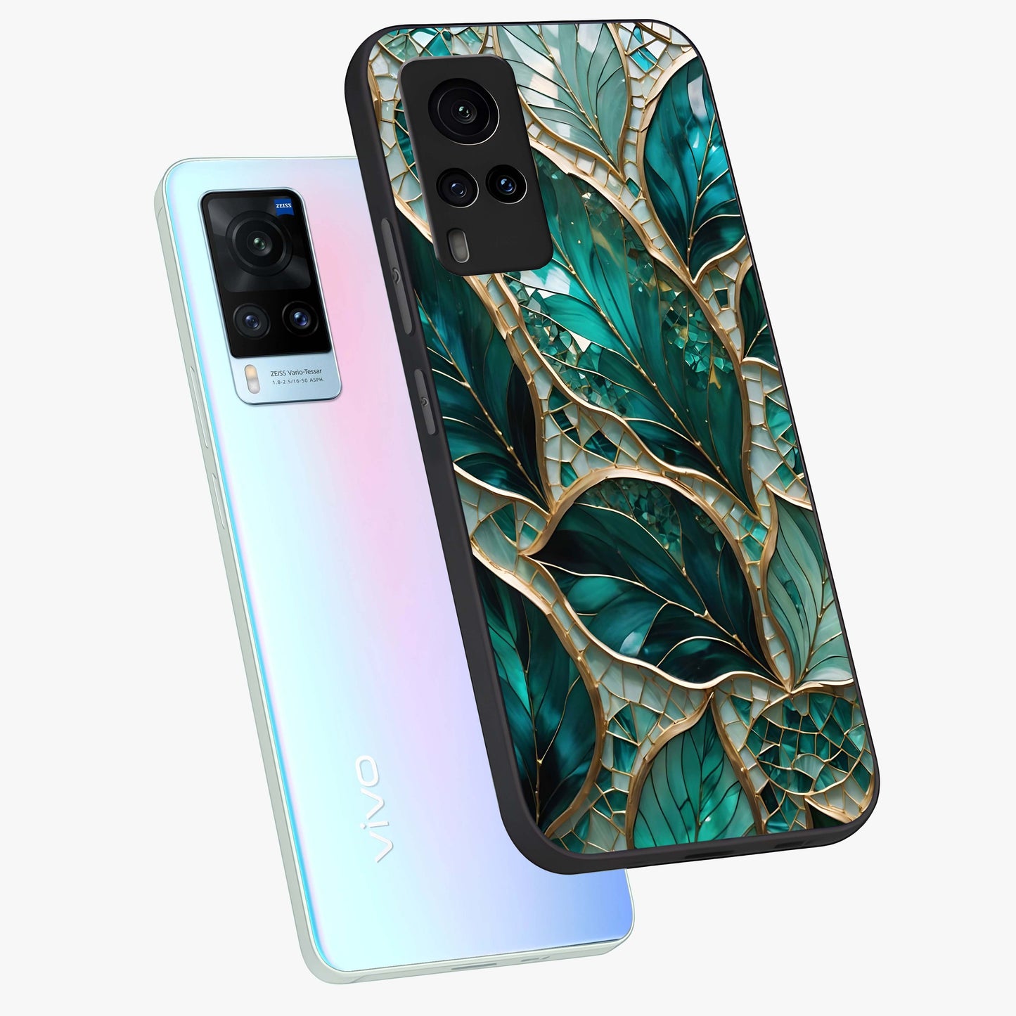 Emerald Leaf Glass Glass Case displayed in angled mockup highlighting botanical leaf illustration with elegant natural aesthetic.