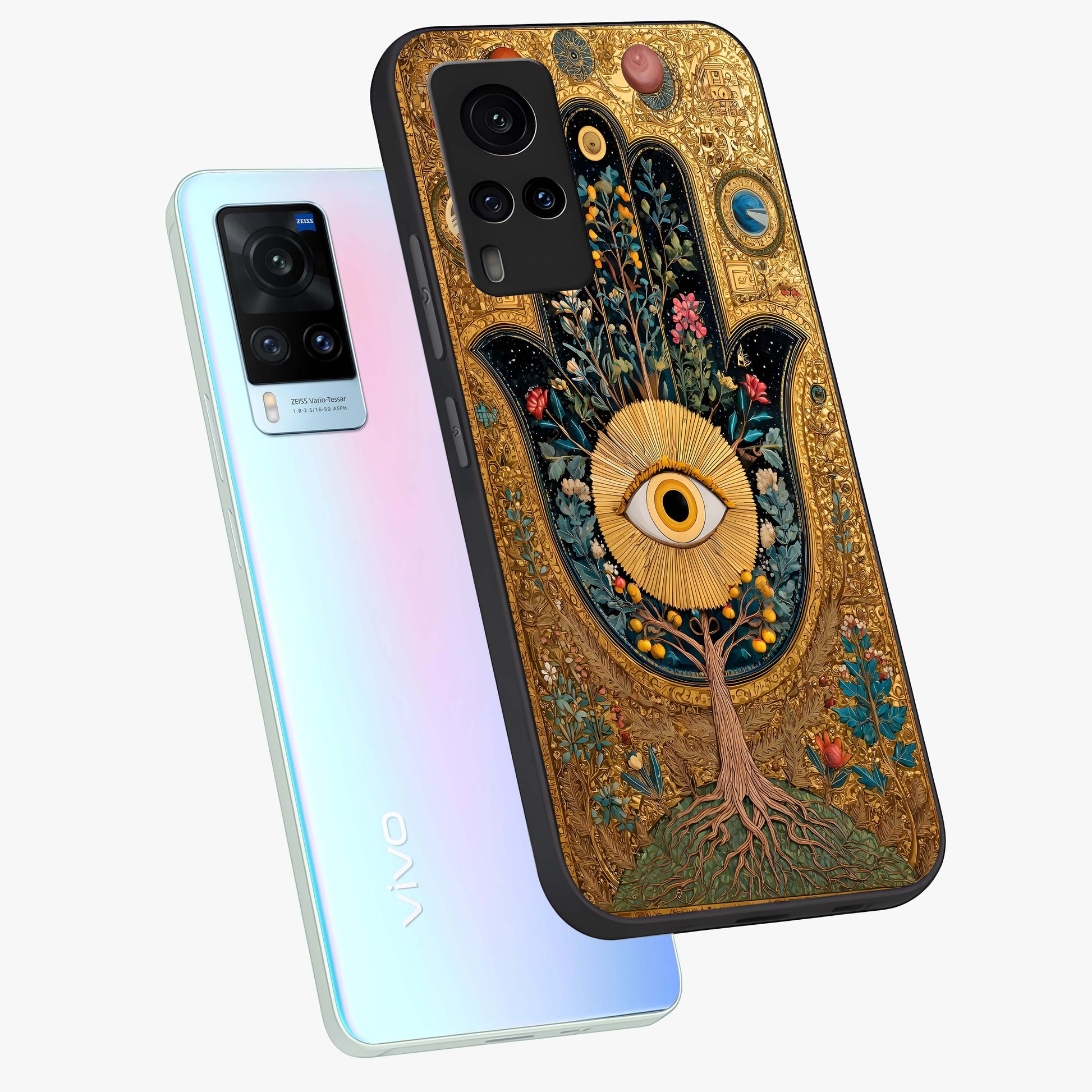 Ethereal Evil Eye Glass Case displayed in angled mockup highlighting protective evil eye symbol with spiritual aesthetic design.