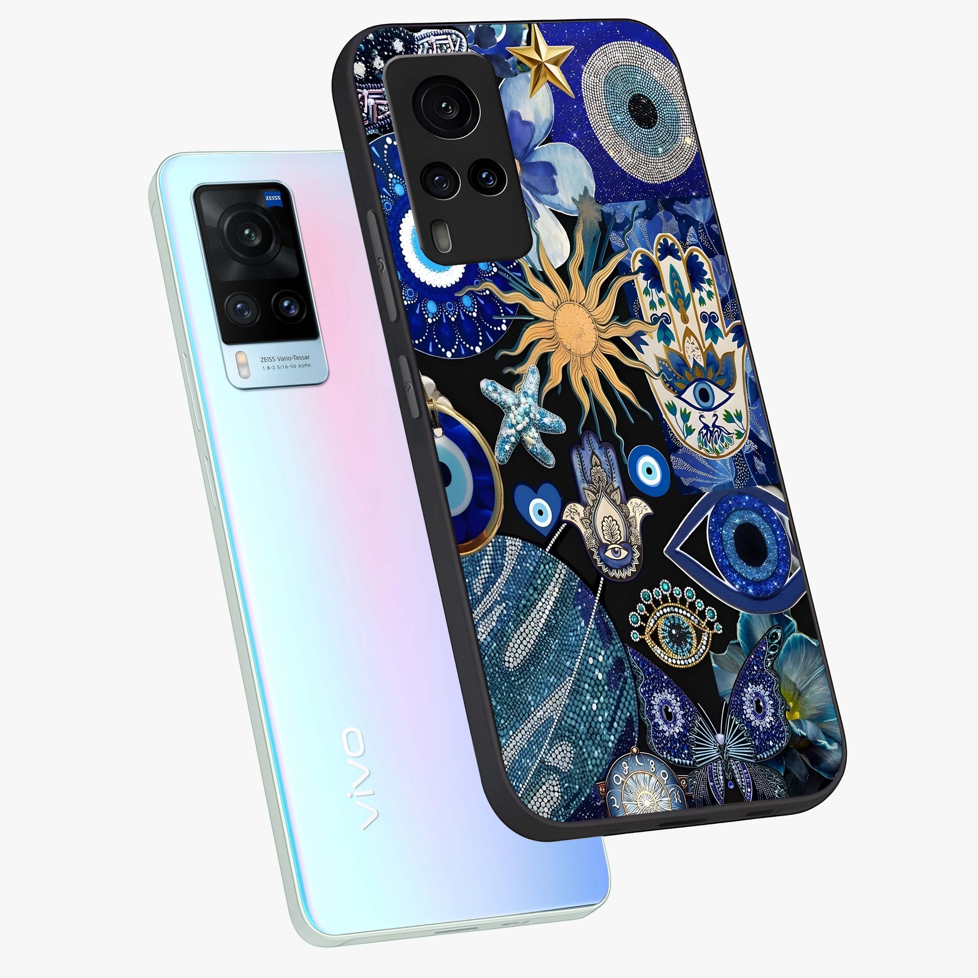 Evil Eye Charm Mix Glass Case displayed in angled mockup highlighting protective evil eye symbols with spiritual aesthetic design.