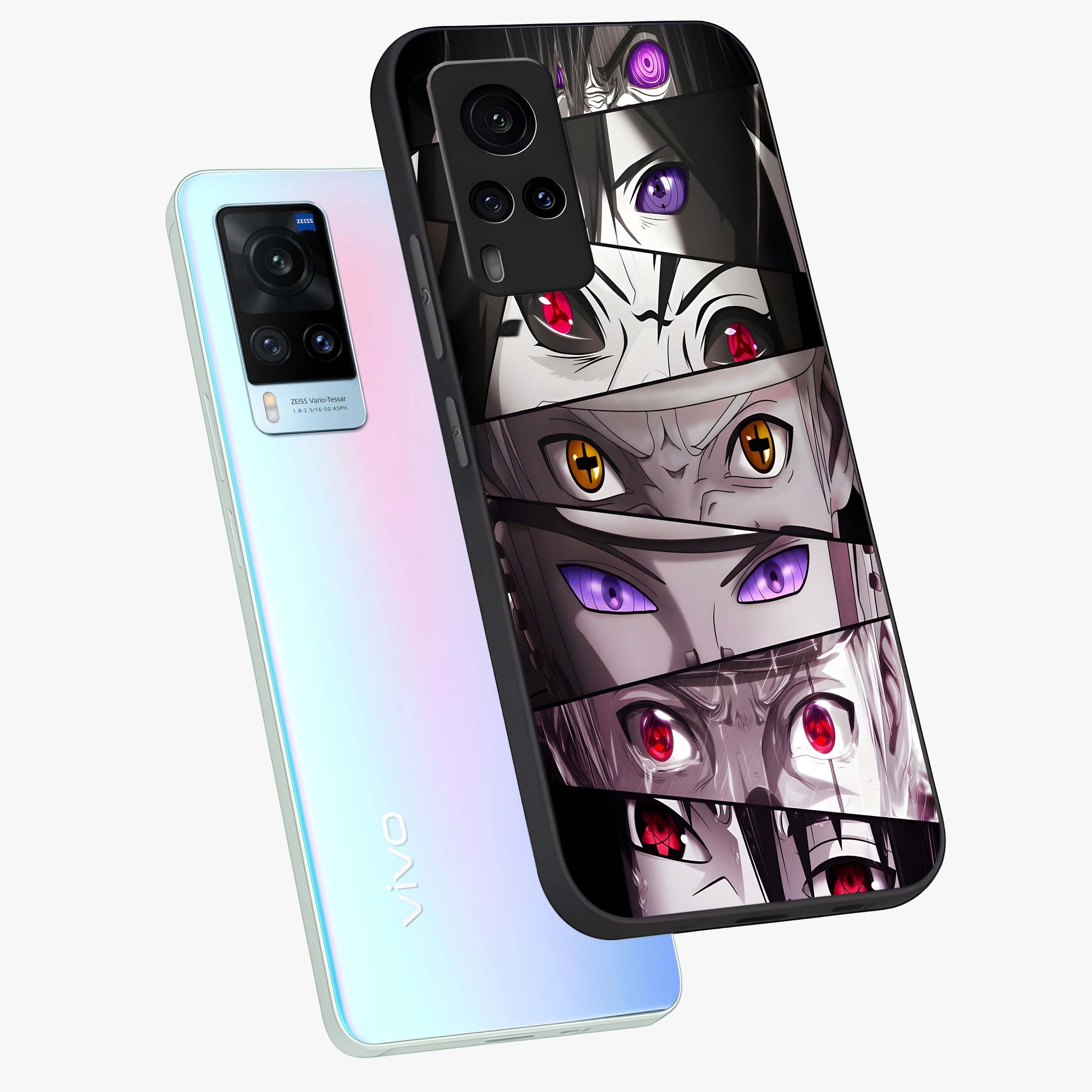 Eyes of Destiny Glass Case displayed in angled mockup highlighting bold eye illustration with mystical aesthetic style.