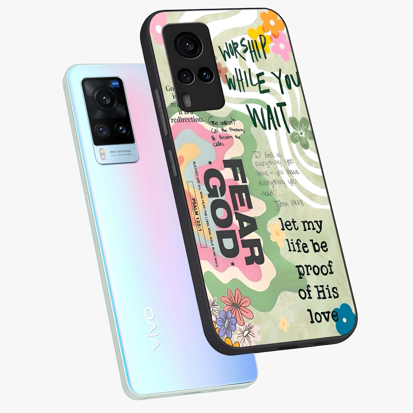Faith Over Fear Glass Case displayed in angled mockup highlighting inspirational message design with modern aesthetic style.