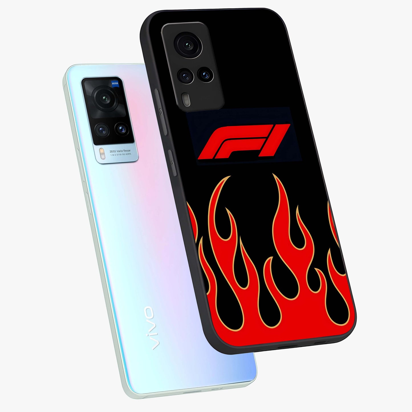 Fire F11 Glass Case displayed in angled mockup highlighting bold fire inspired graphic with energetic aesthetic style.