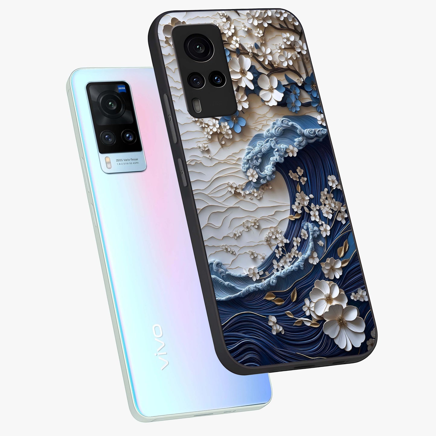 Floral Wave Origami Glass Case displayed in angled mockup highlighting geometric origami flower design with modern aesthetic style.