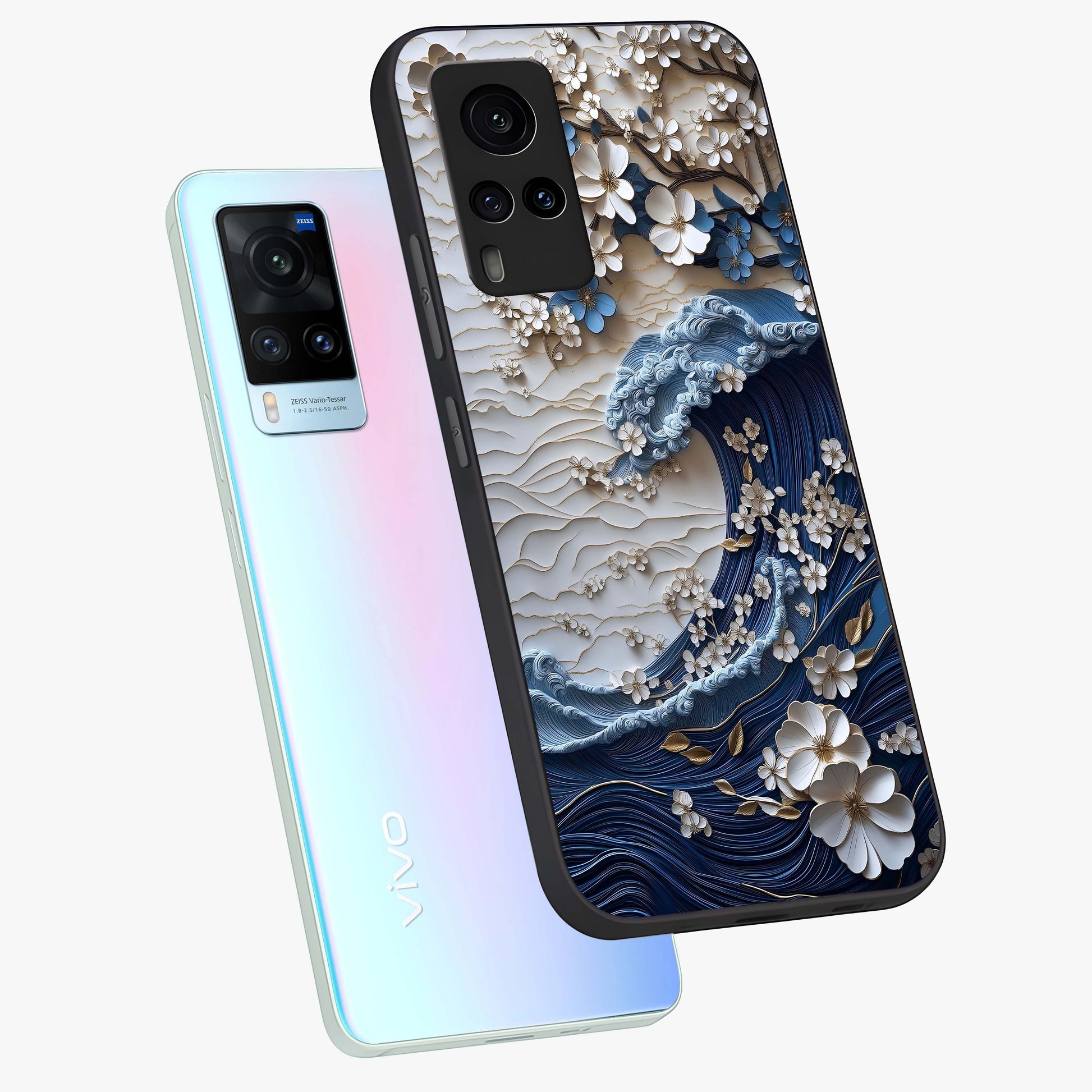Floral Wave Origami Glass Case displayed in angled mockup highlighting geometric origami flower design with modern aesthetic style.