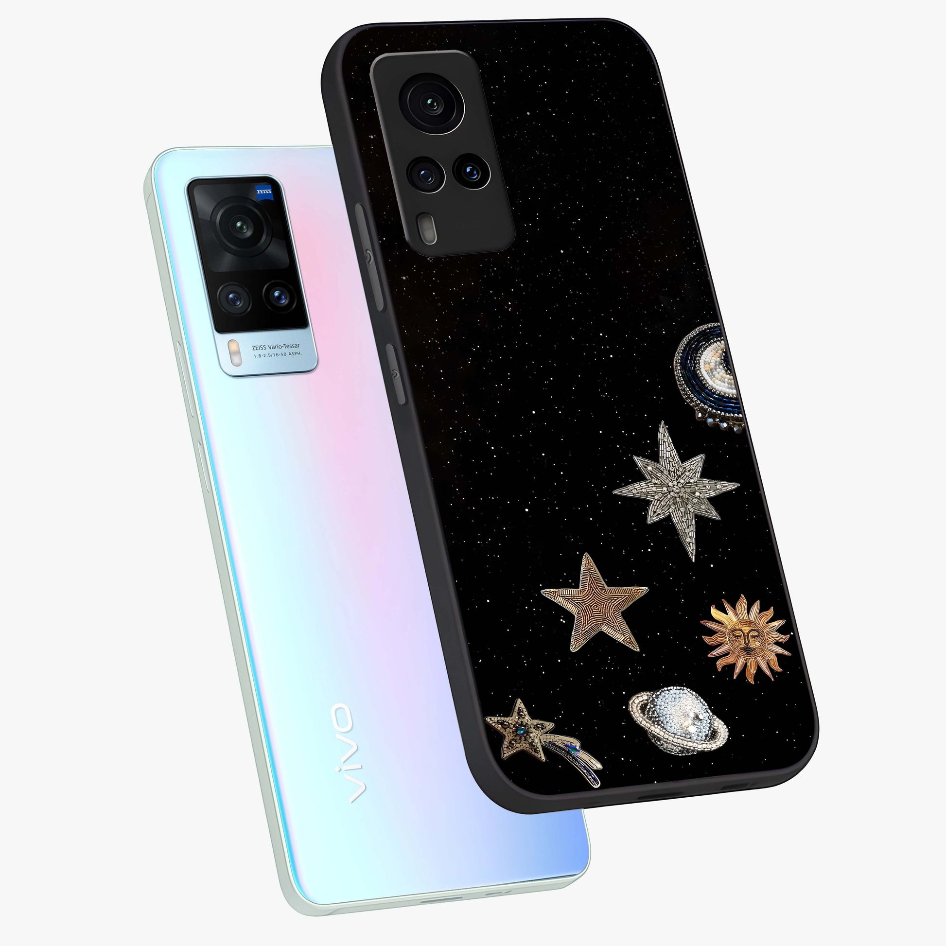 Galactic Charm Glow Glass Case displayed in angled mockup highlighting luminous galaxy inspired design with dreamy aesthetic.
