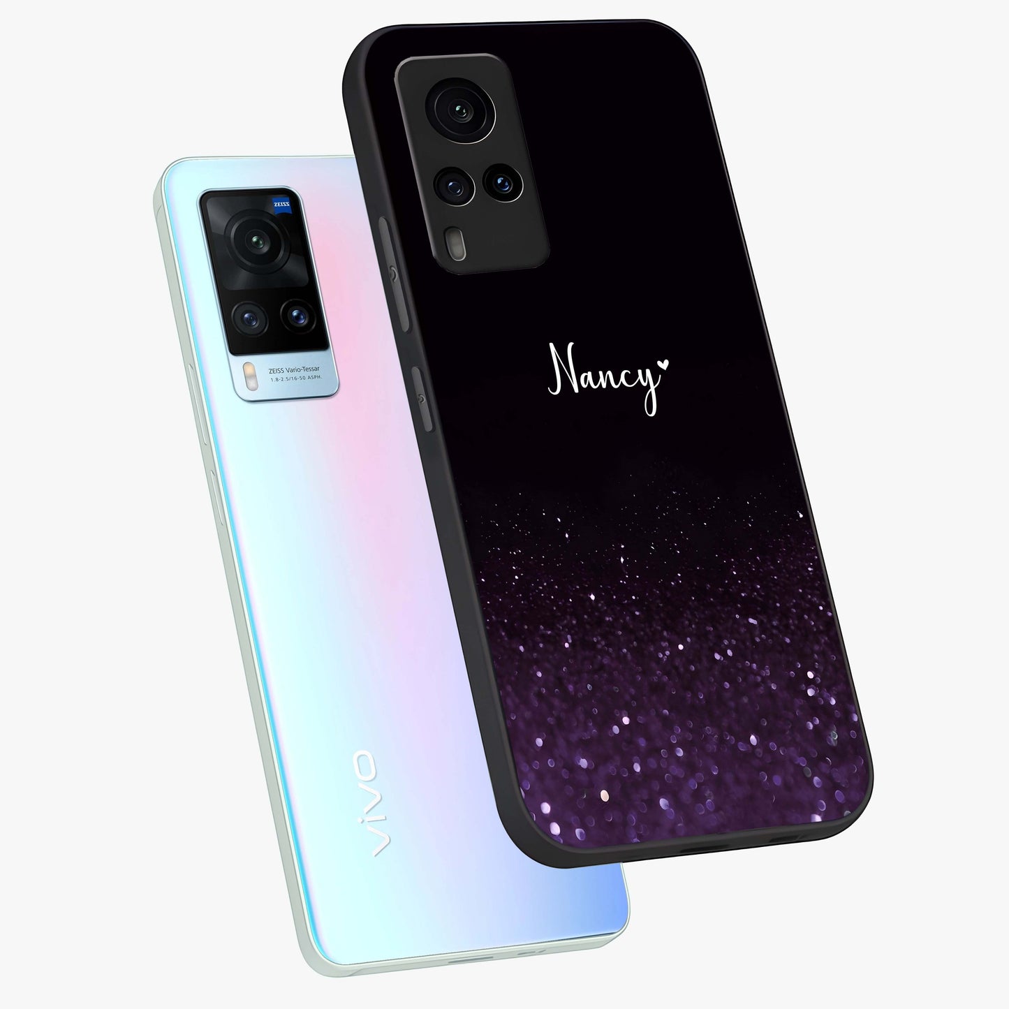 Glittery Purple Bokeh Custom Name Glass Case displayed in angled mockup highlighting glitter bokeh pattern with custom name feature.