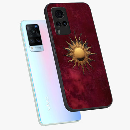 Golden Sun Minimalism Glass Case displayed in angled mockup highlighting clean sun symbol design with modern minimal aesthetic.