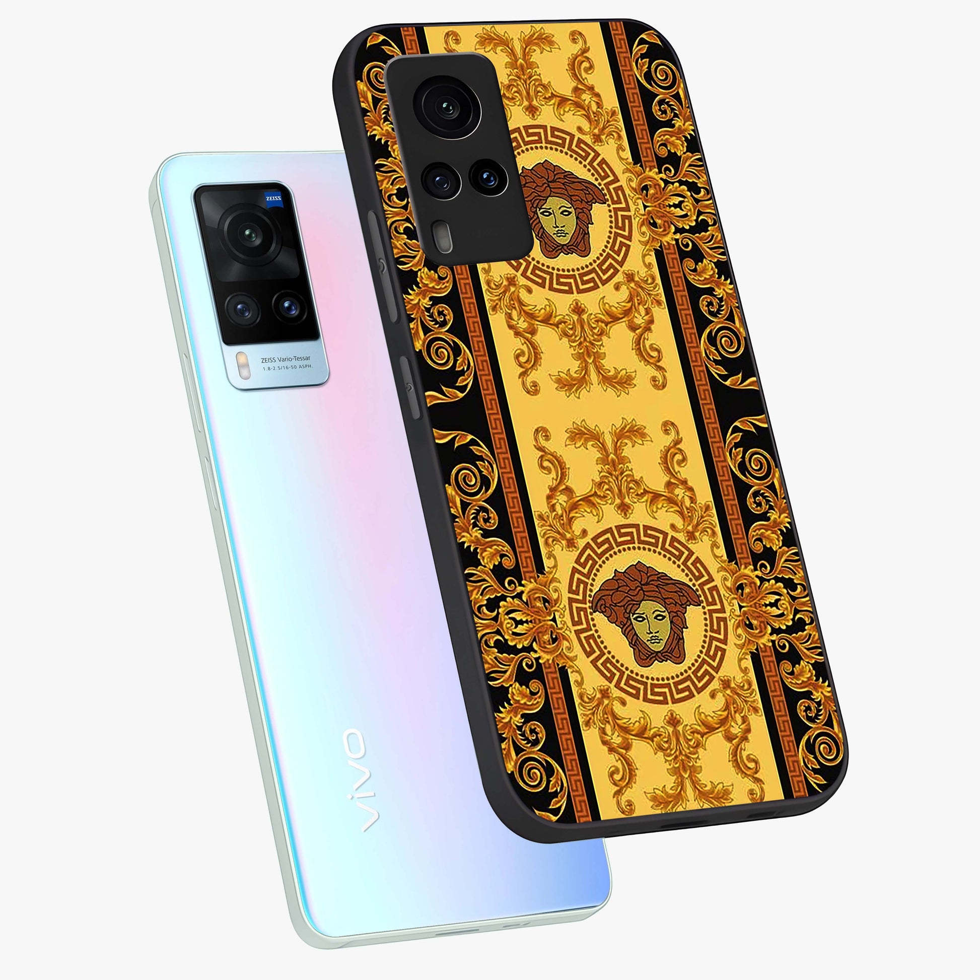 Golden Lotus Glow Glass Case displayed in angled mockup highlighting radiant lotus illustration with spiritual aesthetic.