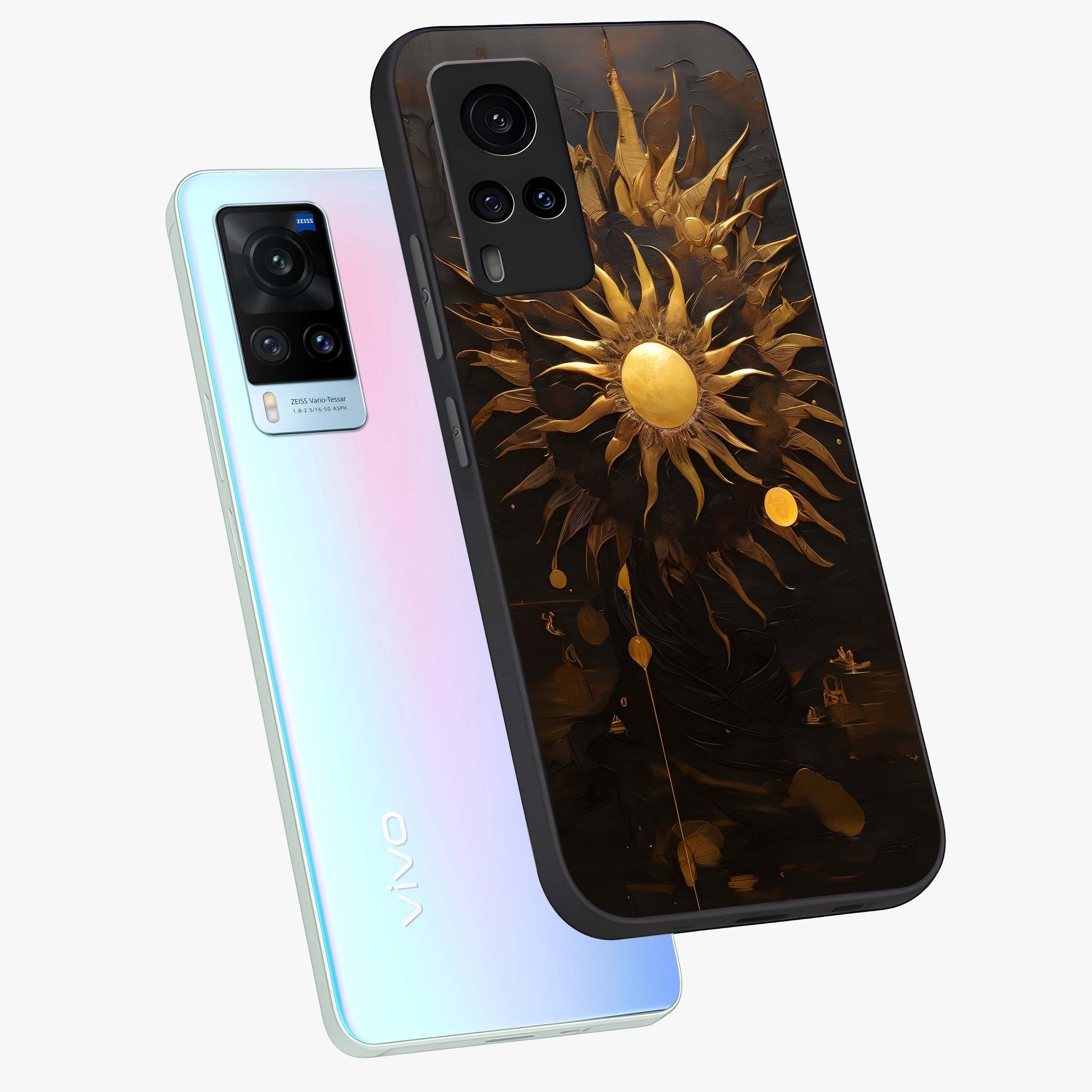 Golden Sun Majesty Glass Case displayed in angled mockup highlighting eerie shadow illustration with gothic aesthetic.